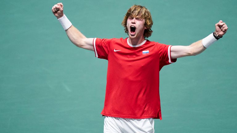 Andrey Rublev celebrates for Russia after they reached the semi-finals