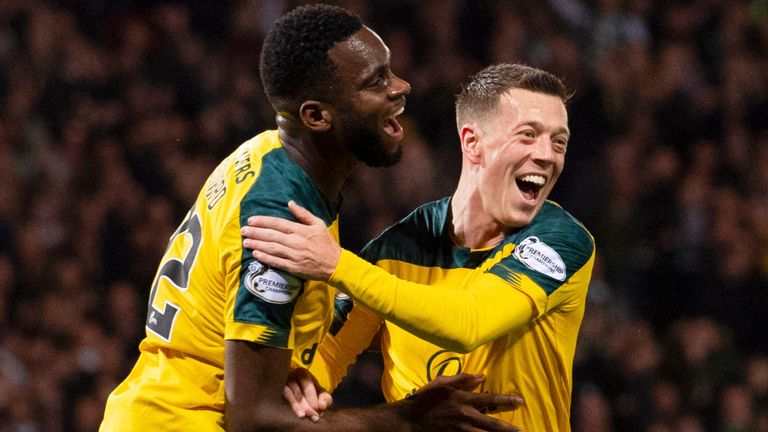 Callum McGregor celebrates with Odsonne Edouard