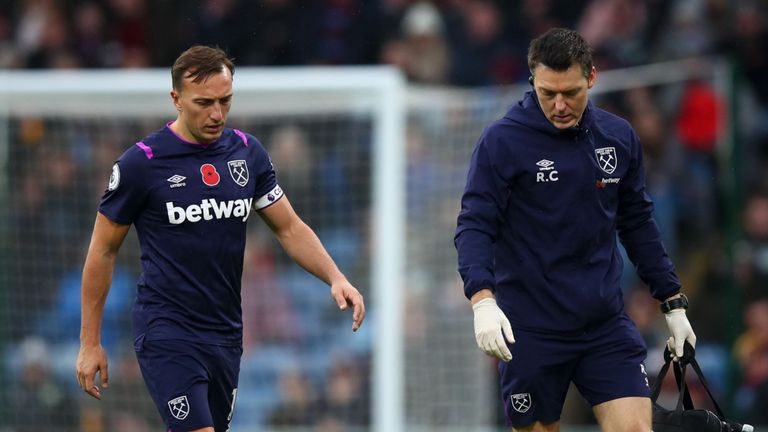 West Ham captain Mark Noble was also forced off through injury